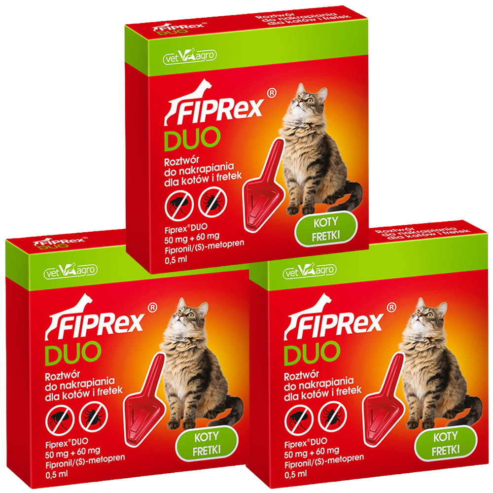 Fiprex DUO KROPLE na Pchły Kleszcze dla Kotów Fretek Ochrona na 90 dni